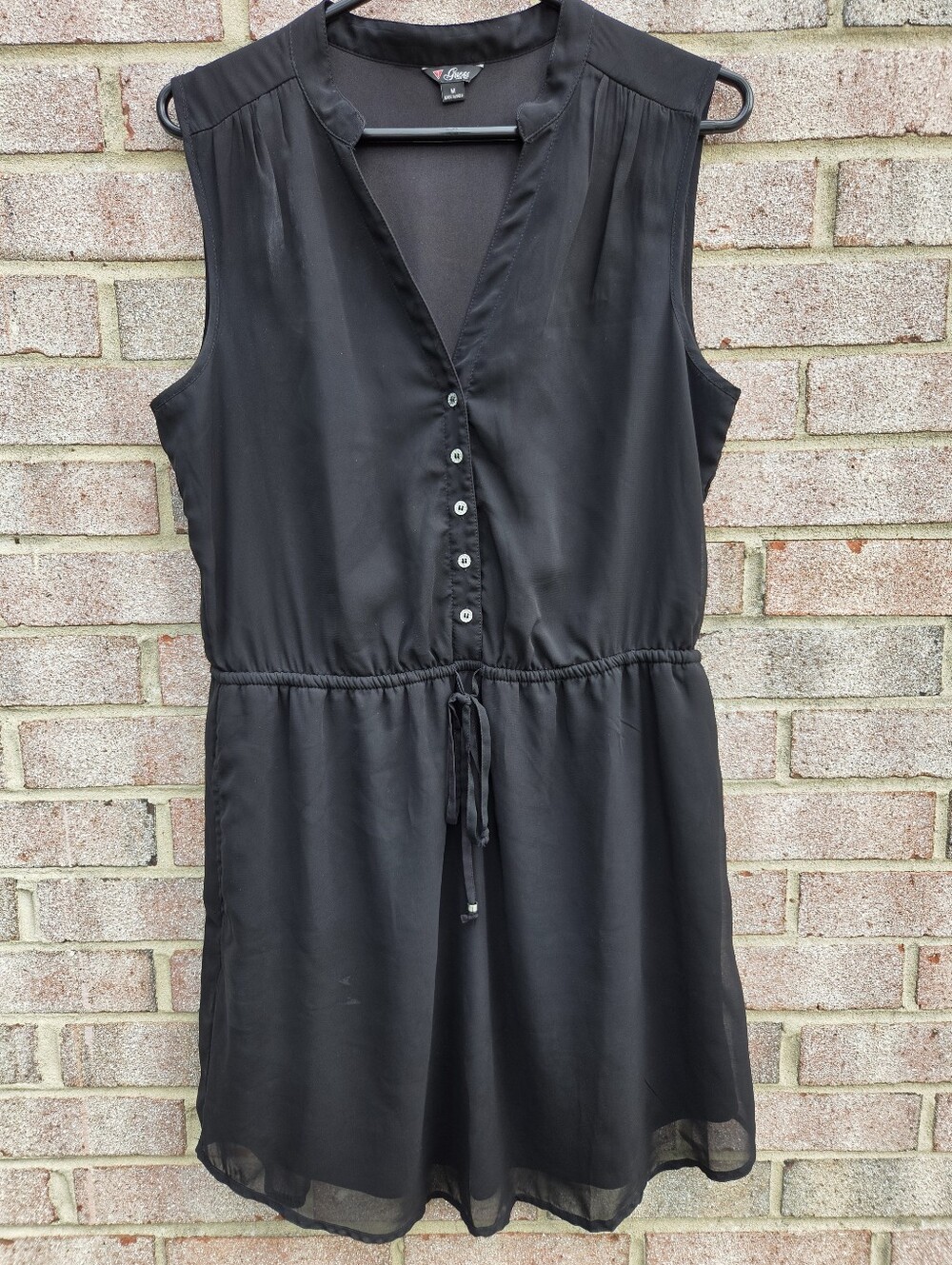 GUESS Black Chiffon Mini Dress Drawstring Waist Minimalist Whimsigoth Casual M